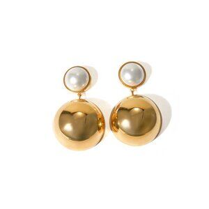 18K PVD Gold Plated Earrings Stainless Steel Pearl Hemisphere Drop Earrings